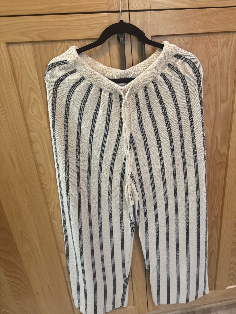 Cupshe Cream Knit Pants with Black Vertical Stripes